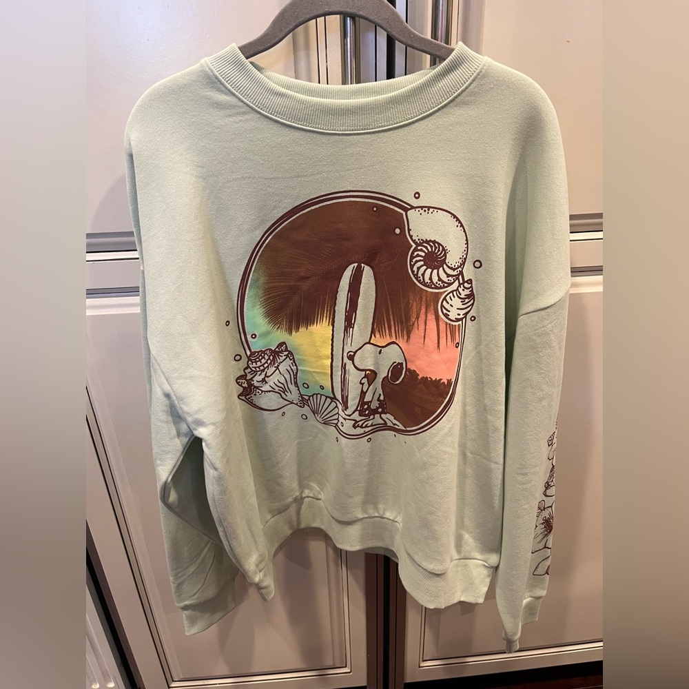 Peanuts Snoopy Mint Green Sweatshirt with Sunset/Surf/Beach/hibiscus Design - Picture 1 of 4